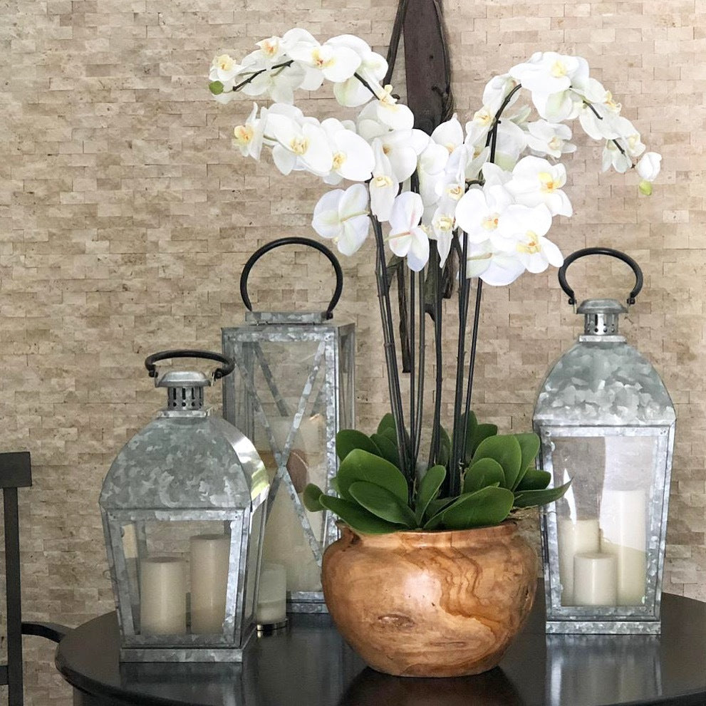 Premium Große Schale aus Teakholz mit weißen Orchideen