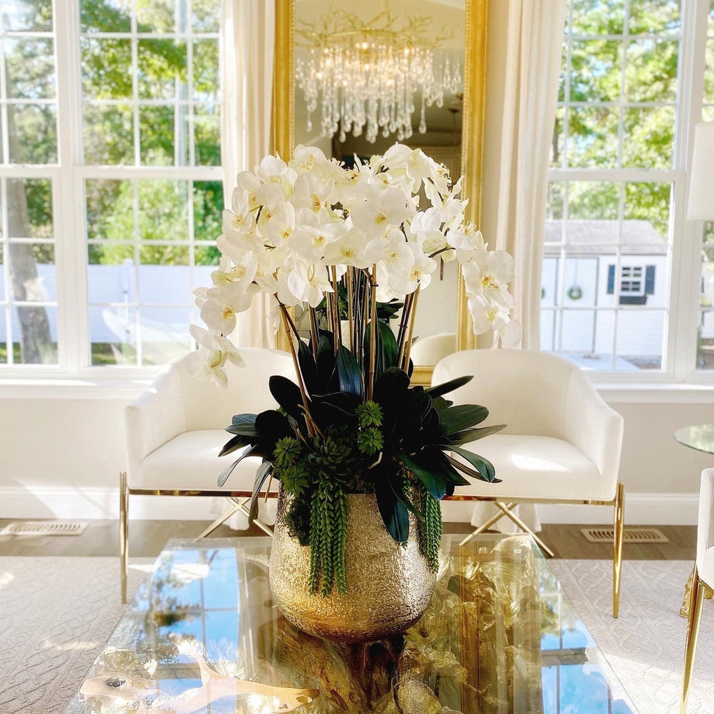 Premium Delaney-Vase in Gold mit mehreren Phalaenopsis-Orchideenstängeln und Sukkulenten