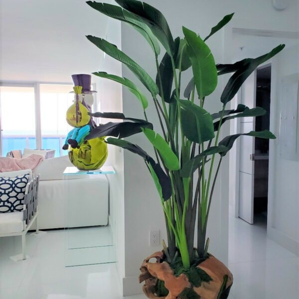 Premium Große Vase aus Teakholz mit prächtiger Strelitzie (Paradiesvogelblume)
