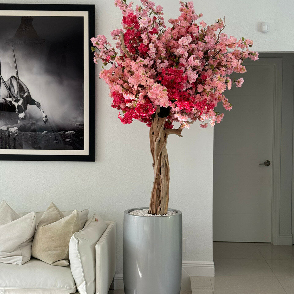 Premium Lissabon-Vase in glänzendem Silber mit personalisierten dreifarbigen rosa Kirschblüten