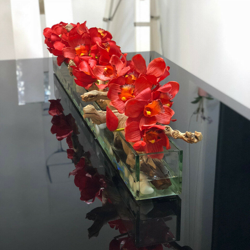 Premium Moderner Glaspflanztopf „Modern Home“ 122 cm mit roten Cymbidien