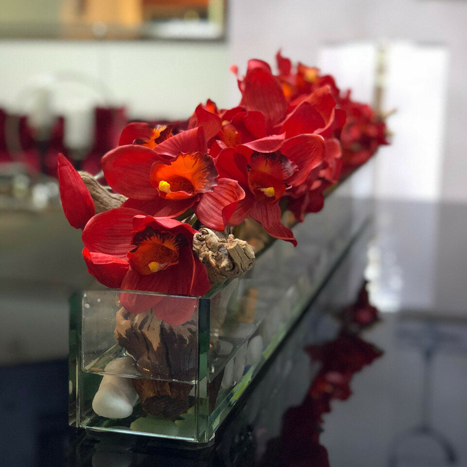 Premium Moderne Hausvase aus Glas mit roten Cymbidien