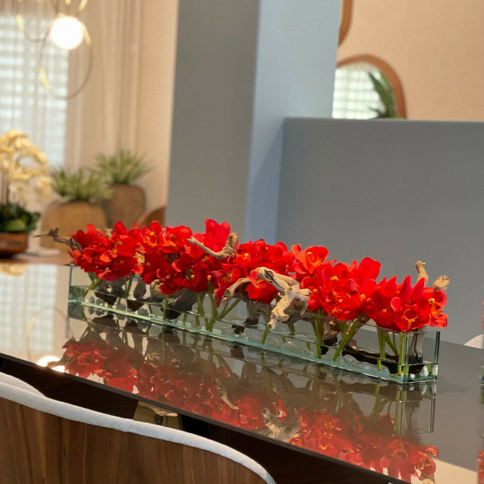 Premium Moderne Hausvase aus Glas mit roten Cymbidien