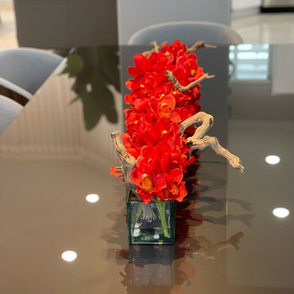 Premium Moderne Hausvase aus Glas mit roten Cymbidien